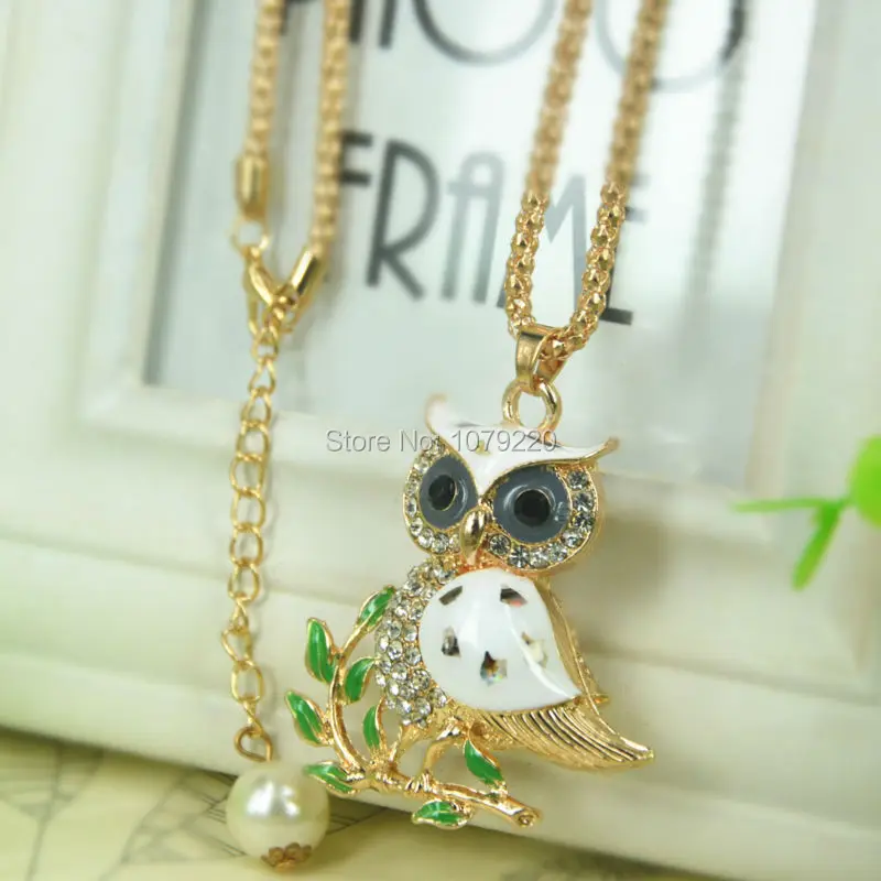 

White Owl Sweater Necklace Fashion Jewelry Crystal For Women Long Necklace Pendants Rhinestone Chain Party Christma Gift