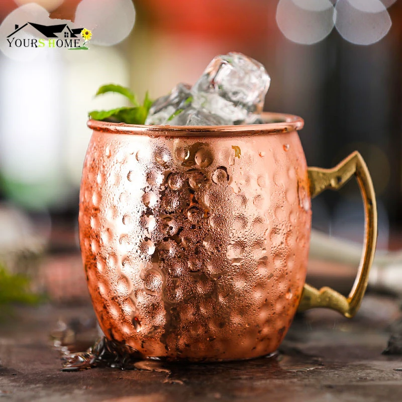 

1Piece 550ml 304 Stainless Steel Drum Type Moscow Mug Hammered Copper Plated Beer Mug Beer Cup Water Glass Drinkware