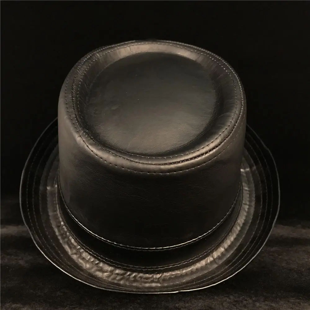 Мужская черная шляпа из свинины для папы, кожаная шляпа-федора, модная джентльменская плоская шляпа-котелок, топ-шляпа, размер s m l xl