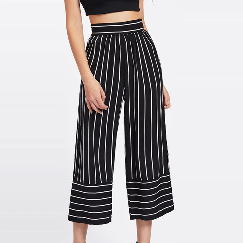 

Women casual summer Loose Pants Stripe high waist Wide leg Trousers stretch femme harajuku pantalon mujer streetwear