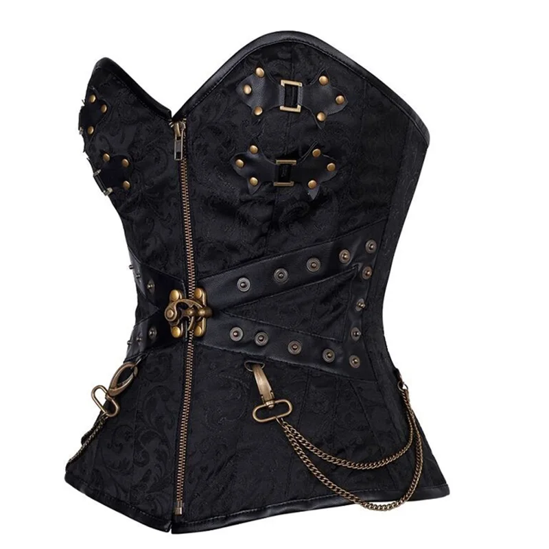 Steampunk Clothing Black Brocade Leather Corsets With Chains Sexy Punk Shapewear Slimming Belt Waist Trainer Overbust Corset Top W31240 (3)