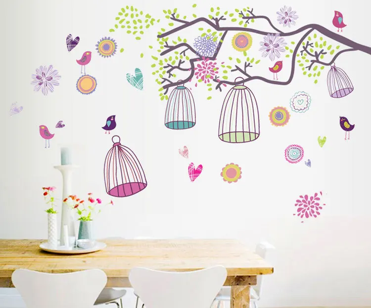

Colorful bird Cage Morning of Bohemia ZOO For Kids Baby Room DIY Wall Sticker Living Room Background Wallpaper Decor Decal AY993