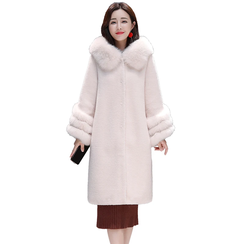 HANZANGL High quality 2018 Winter Wool Coat Women's Faux Fur Coat Fox Fur Hooded Warm Cashmere Jacket Overcoat Plus size S-3XL