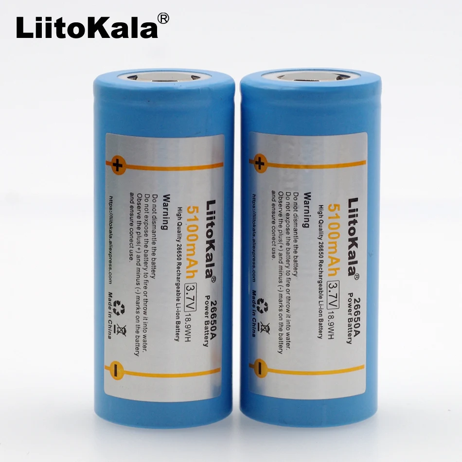 Аккумулятор Liitokala 26650, литиевая батарея 26650A, 3,7 V 5100mA 26650-50A синий. Аккумулятор подходит для фонарика