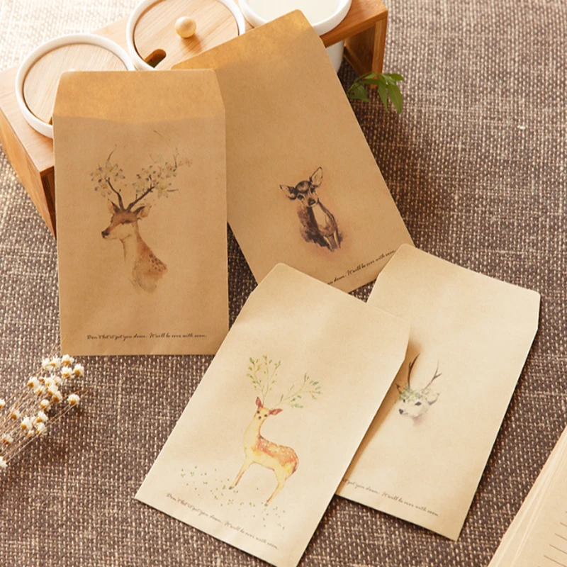 

20pcs 4-Retro Deer Style Kraft Paper Envelopes Gift Card Office Stationery Supplier for Party Message Card 10x15cm+1.5cm
