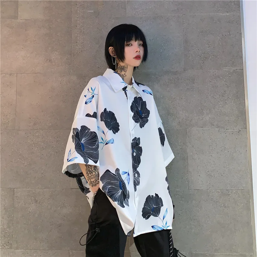 

Gothic Casual Floral Graphic Print Vintage Korean Streetwear Harajuku White Loose Blouse Short Sleeve Shirt Top Summer Plus Size