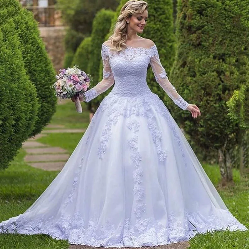 Vestido Де Novia 2017 Белый Длинный Иллюзия Лодка Шеи С Плеча Дешевые Свадебные Платья Халат Де Mariage