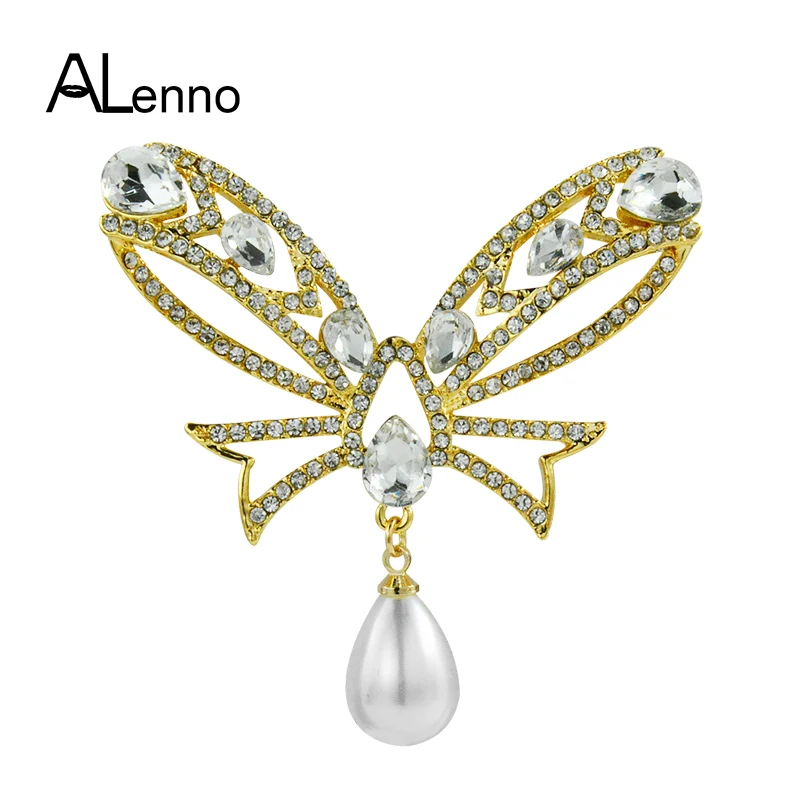 

Gengerous White Australian Crystal Bowknot Brooches For Women Men Coat Suit With Rhinestone Metal Luxury Simulated Pearl Jewelry