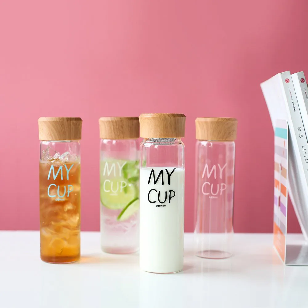 

400ml Clear Glass Bottle with Tea Filtration Summer Juice Lemon Water Bottle Student Simple Milk Drink Cup Wood Grain PP Lid