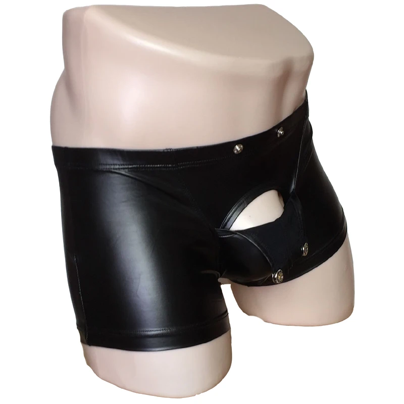 Men Faux Leather Wet Look Boxer Brief Detachable Bulge Pouch Shorts Underwear Lingerie