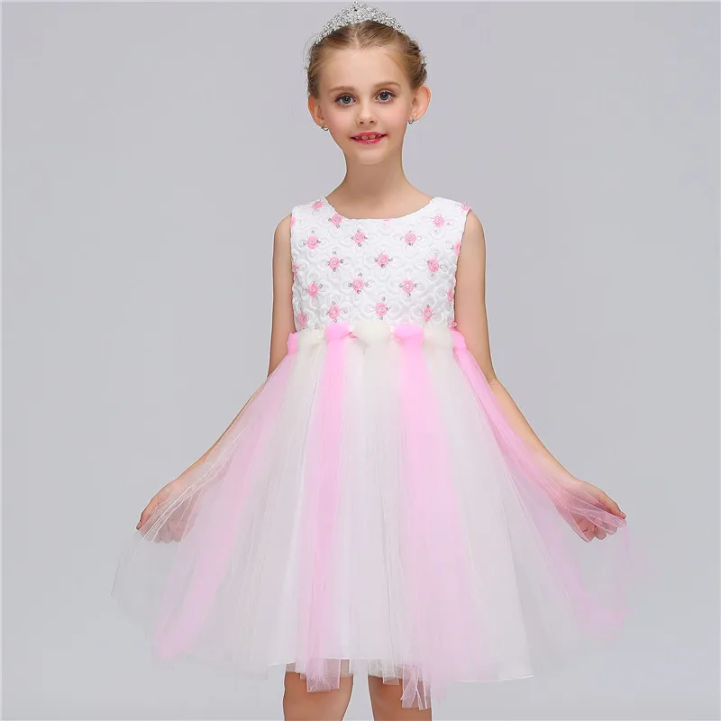 Pink Модное Сетчатое платье с кисточками в цветочек Одежда для девочек платье с круглым воротником без рукавов для девочек, новогодние вечерние платья fille, одежда - Цвет: Pink