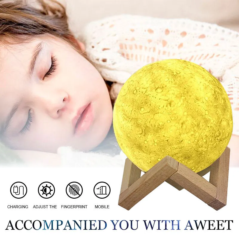 Led ليلة ضوء 3D طباعة مصباح قمري قابلة للشحن اللمس التبديل نوم خزانة ليلة ضوء ديكور المنزل مع 6 نموذج