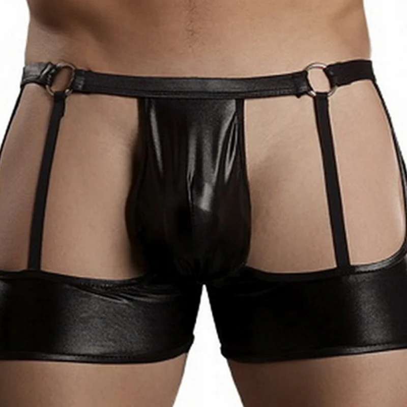Sexy Vinyl Leather Boxershorts Men Erotic Low Waist Hollow Out Open Crotch Underwear Boxers Gay Club Wear Boxer Hombre  (2)