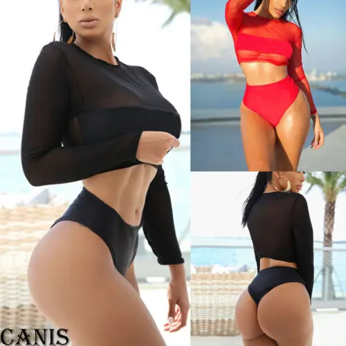

Sexy Mesh Bikini Set Womens Long Sleeve Top See Through High Waist Boxer Swimsuit Bathing Suit Swimwear Beachwear