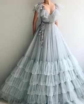 

robe de soiree Muslim Evening Dress Tulle Flowers Dubai Saudi Arabic Long Evening Gown Prom Dress
