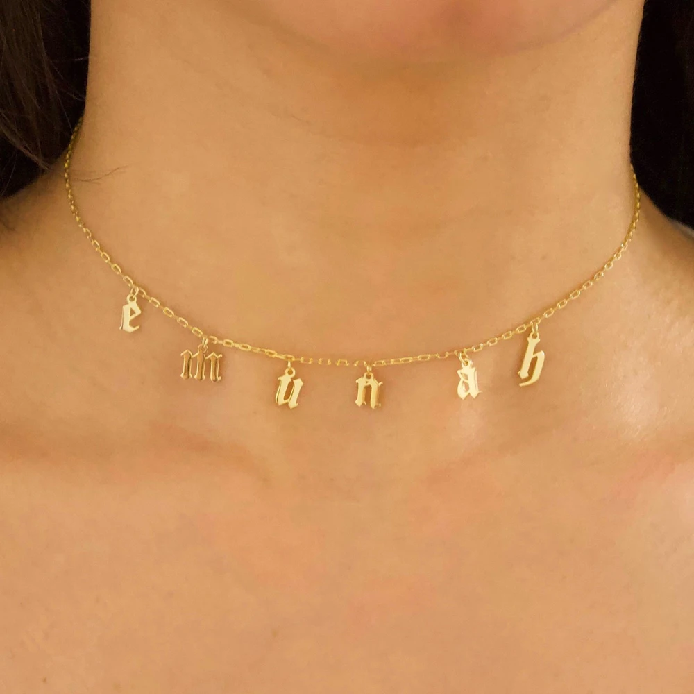 Gothic Choker Necklace Old English Letter Custom Name Necklace Personalized Gold Initial Birth Year Necklace Jewelry For Women