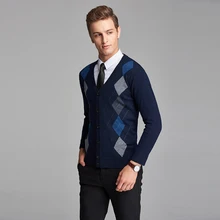 Высококачественный Клетчатый плед, вязаный шерстяной кардиган на пуговицах, длинный рукав, с узором «ромбиками», мужской кашемировый свитер, кардиган