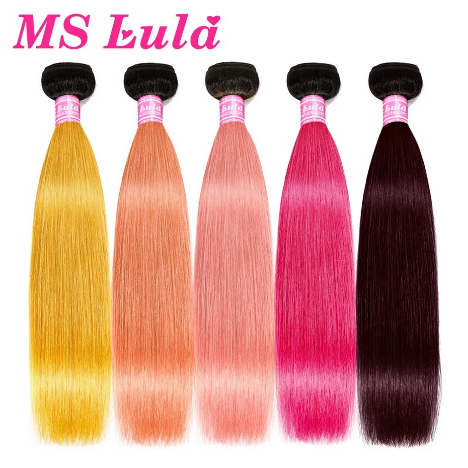 

MS Lula Straight Ombre Yellow/Orange/Pink/Rose Red/#99J Colored Hair Weava Hair Extensions With Short Dark Roots Remy Human Hair