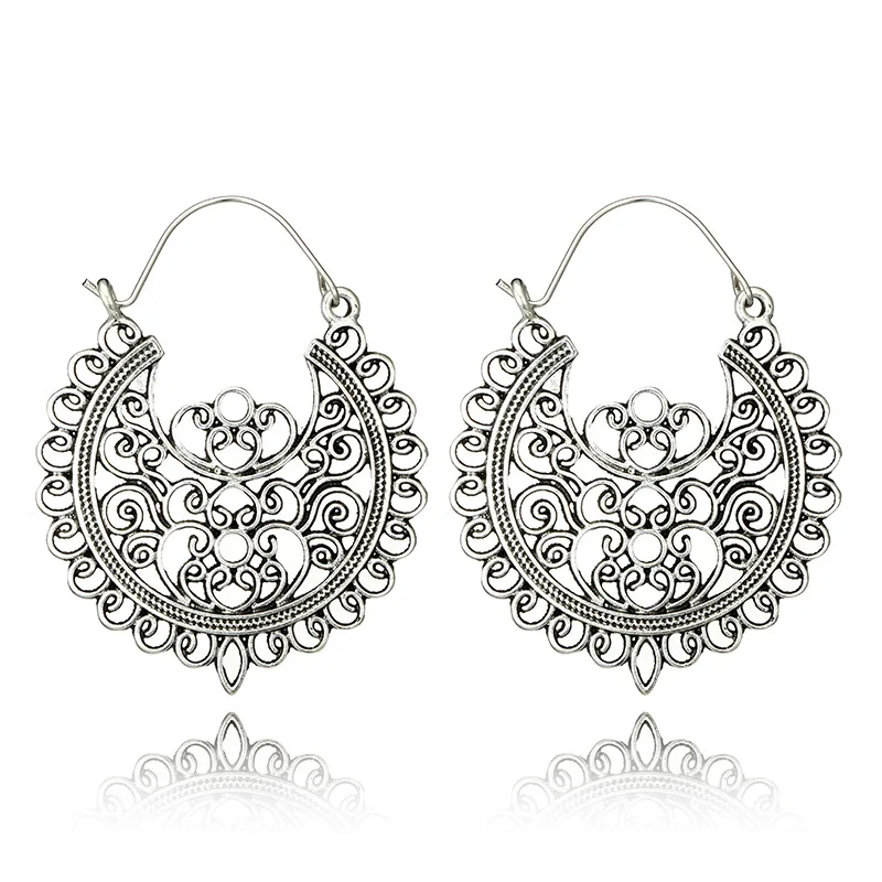 POHOUR Antique silver Gypsy Indian Tribal Ethnic Hoop Drop Dangle Mandala Earrings Boho - Окраска металла: Style2