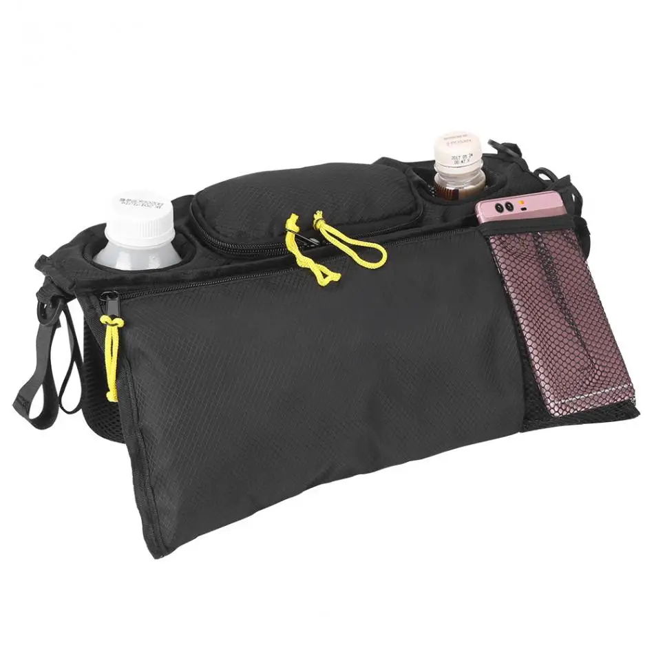 Детские пеленки сумка для прогулочная коляска Органайзер Сумка 2 чашки держатели для хранения с сетчатым карманом для сотового телефона черный