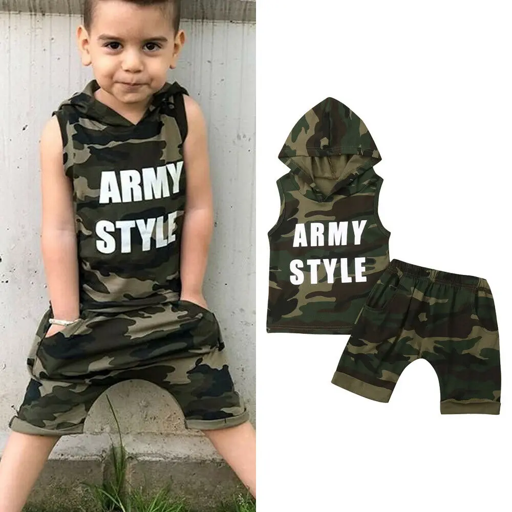 2019 New 2PCS Toddler Kids Baby Boy Army Style Hooded Vest Tops Shirt