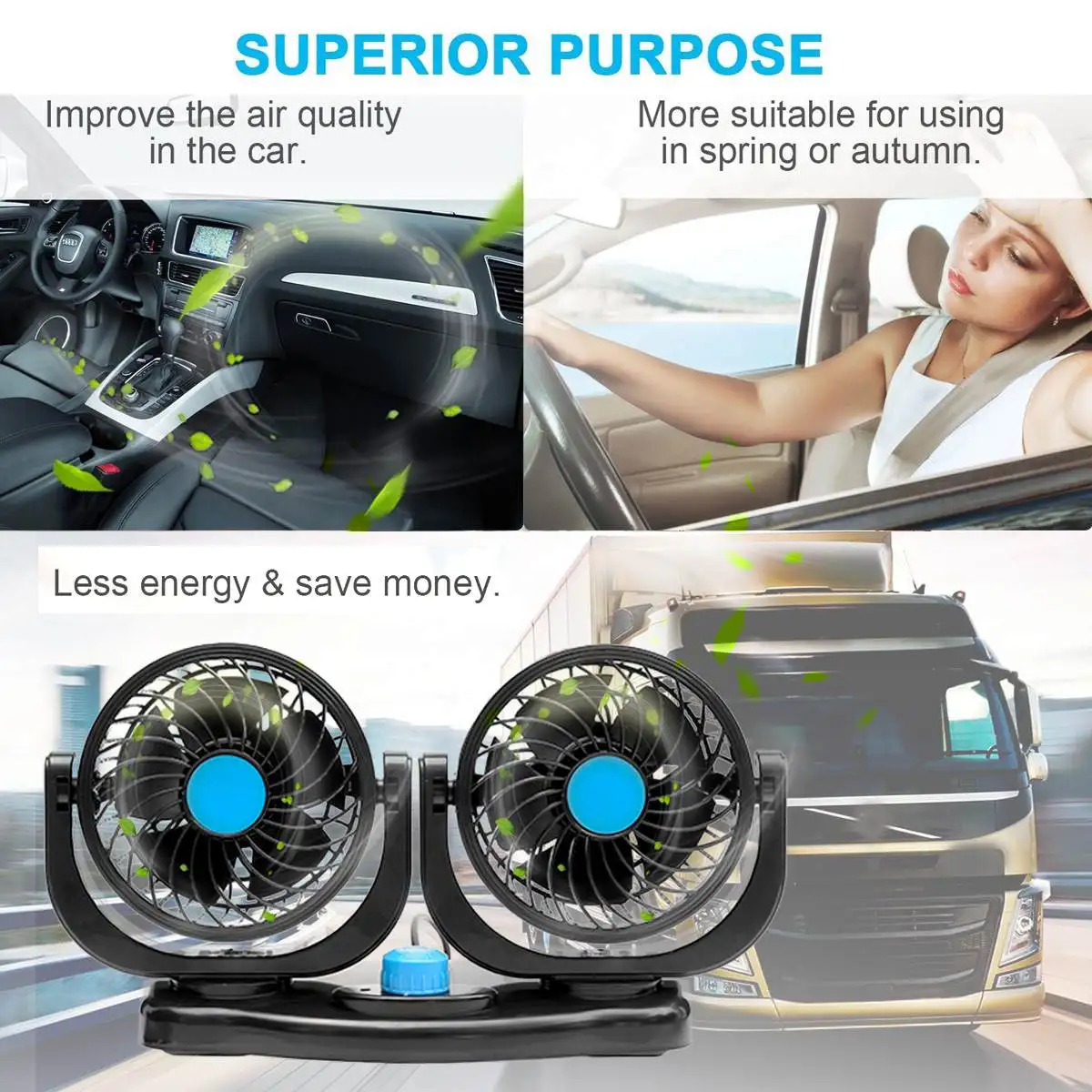 12V 360 Degree All-Round Adjustable Car Auto Air Cooling Dual Head Fan Low Noise Car Auto Cooling Air Fan Car Accessory