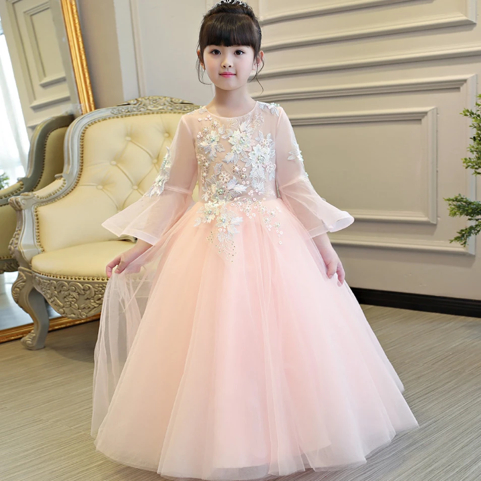 

2017New Children Pink Color Embroidery Flowers lace dress long Wedding Birthday party girls dress clothing girl lace dress long