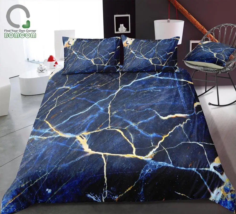 

BOMCOM 3D Digital Printing Duvet cover set marble texture print deep blue and yellow Bedding Set 100% Microfiber