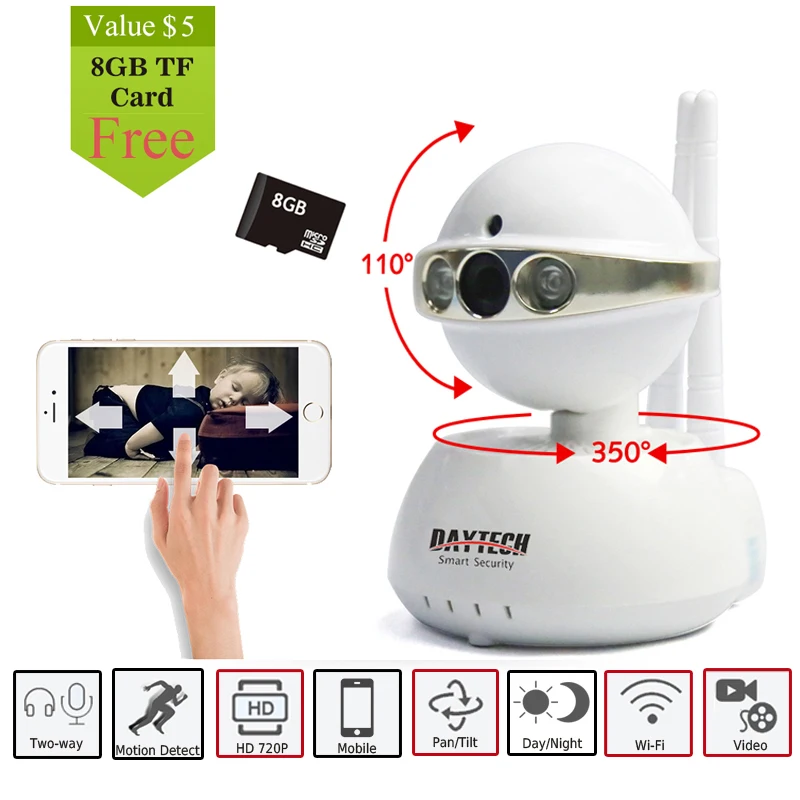 DAYTECH Wireless IP Camera WiFi 720P Network Baby Monitor Surveillance Security Camera CCTV Indoor IR-Cut Two Way Audio Pan Tilt ip 720p hd network wifi wireless pan tilt two way audio ir night vision network sd tf card home baby monitor indoor camera