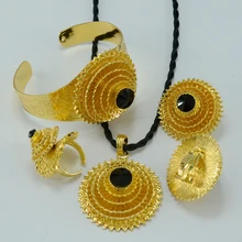 Negro Piedra Habesha set Joyería Etíope de Novia de La Boda Chapado En Oro Colgante de Cuerda/Pendientes/Anillo/Brazalete de Eritrea de África conjuntos