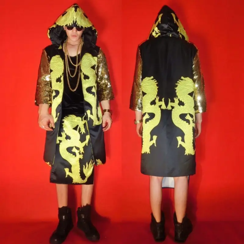 

Индивидуальный китайский яркий цвет, золотистый дракон, женский халат, набор для баров, ночных клубов, мужской певец, одежда для диджея, вечеринки, сцены