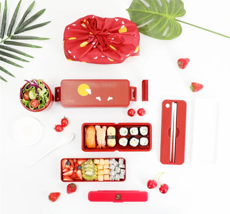 Японский стиль bento коробка с двойным дном коробки для обеда microwavable пластиковый отдельный контейнер для еды