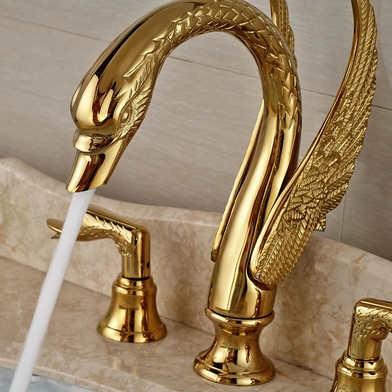 Golden Swan Shape Basin Tap Dual Handle Deck Mount Bathroom Faucet Solid Copper Golden Finish