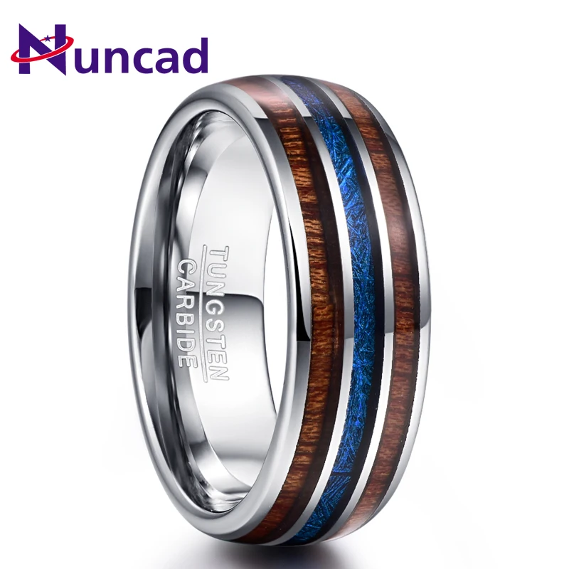 Achat Nuncad poli 8MM hawaïen Koa bois hommes anneau taille réelle bandes de mariage bleu Imitation Vermiculite 100% anneau en carbure de tungstène