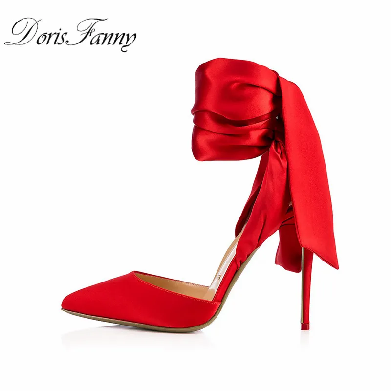 Doris Fanny/Свадебные/вечерние красные женские туфли-лодочки на шнуровке с ремешком на пятке; пикантные женские туфли на высоком каблуке-шпильке