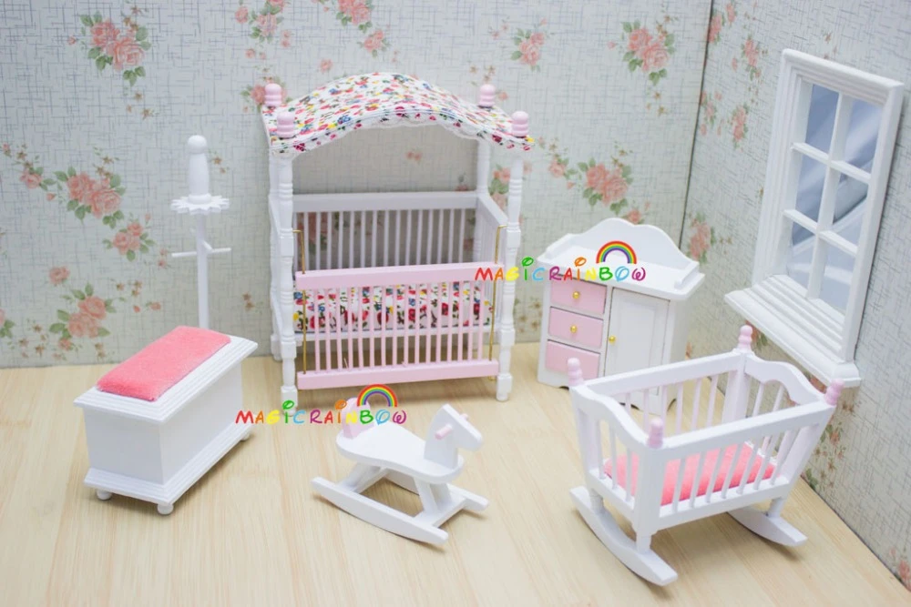 Rose Enfants Poupees Maison Meubles De Chambre A Coucher En Bois Jouets Lit Berceau Cheval A Bascule Bebe 1 12 Echelle Maison De Poupee Miniatures 6 Pc Ensemble Aliexpress