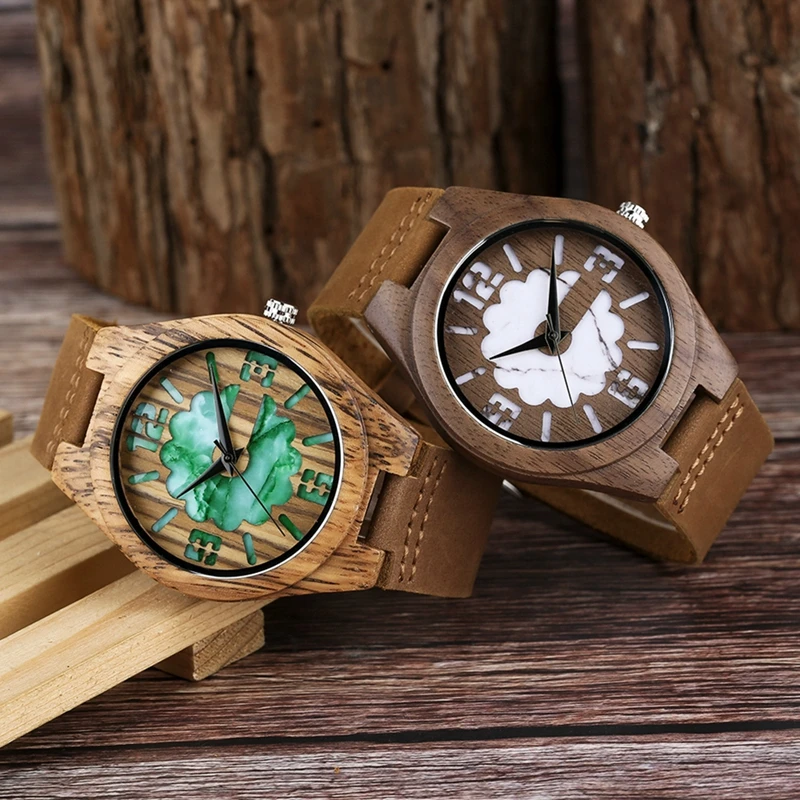 Top Gifts Wooden Watches for Men Vintage Coffee Unique Marble Dial Men's Watch Zebra Wood Green Quartz Analog Watch Reloj Hombre 2018 (13)