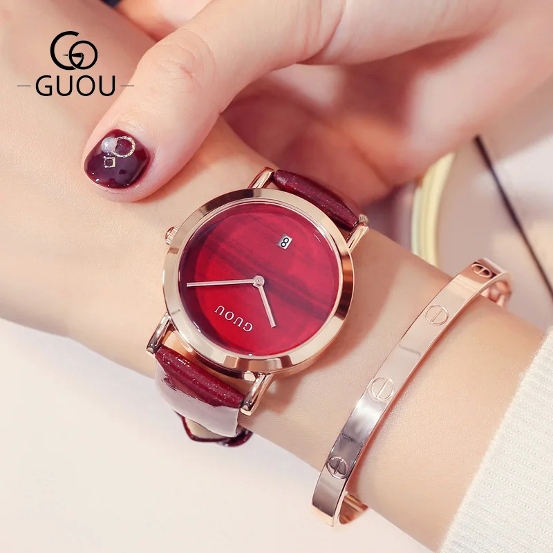 

Luxury GUOU Brand Women Simple Fashion Stainless Steel Ladies Quartz Watches Exquisite Leather Calendar Ladies Wristwatch Watch