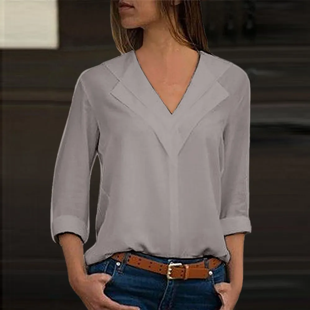 Белая блузка с длинным рукавом, шифоновая блузка с двойным v-образным вырезом, Женские топы и блузки, однотонная офисная рубашка, женская блузка, рубашка, Blusas Camisa