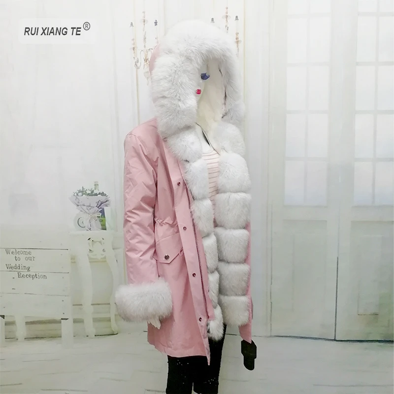 

2019 trends women winter real fur coat Parka natural fox fur with hood liner rex rabbit fur coat dismantle RuiXiangTe