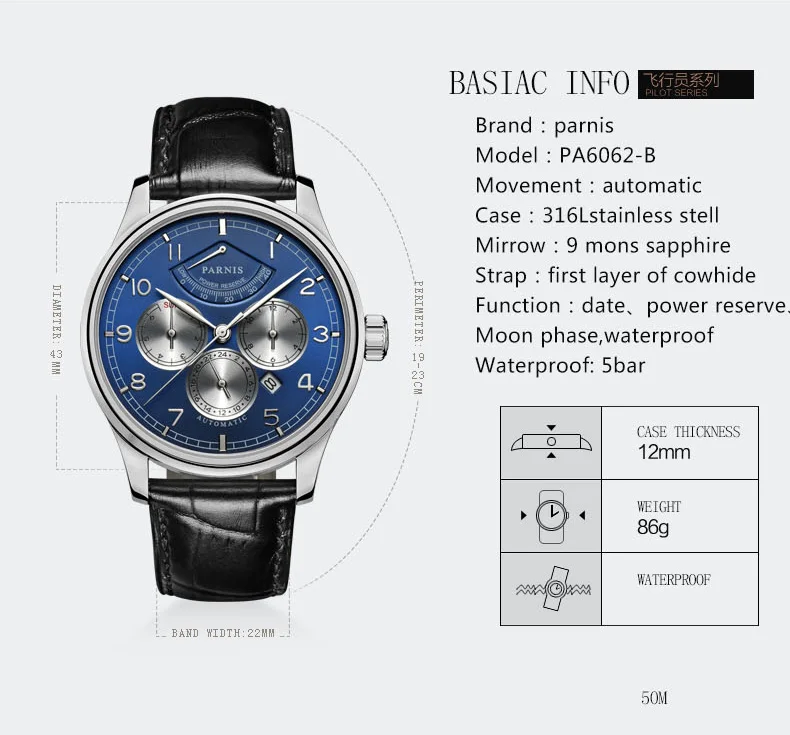 Брендовые мужские механические часы 43 мм Parnis с кожаным автоматическим питанием, мужские часы Week/Date/Moon Phase, деловые часы