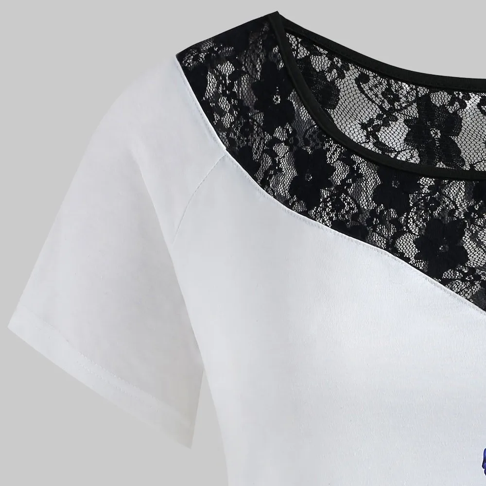 Lace Patchwork Plus Size Tops Floral Printed Sexy Women T Shirt O-Neck Large Sizes Asymmetry Party White Shirt Blusas Femininas Tops