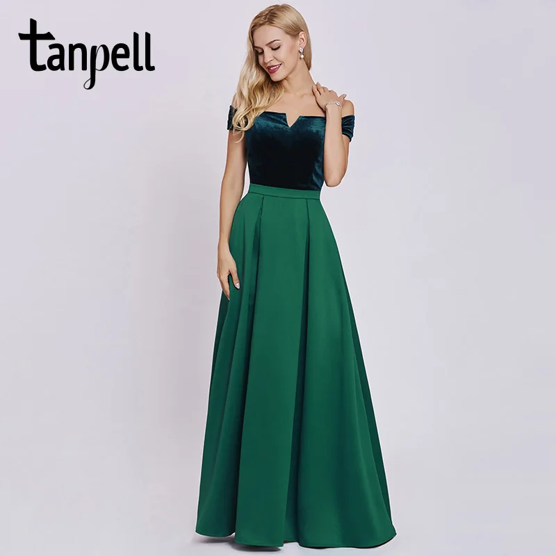 

Tanpell women long evening dress elegant hunter off the shoulder a line floor length gown cheap party prom formal evening dress