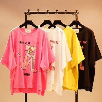 

New Spring Summer Large Size Loose Women Tops Irregular O Neck Printing Cartoon Students Tshirts Medium-long Female T-shirts