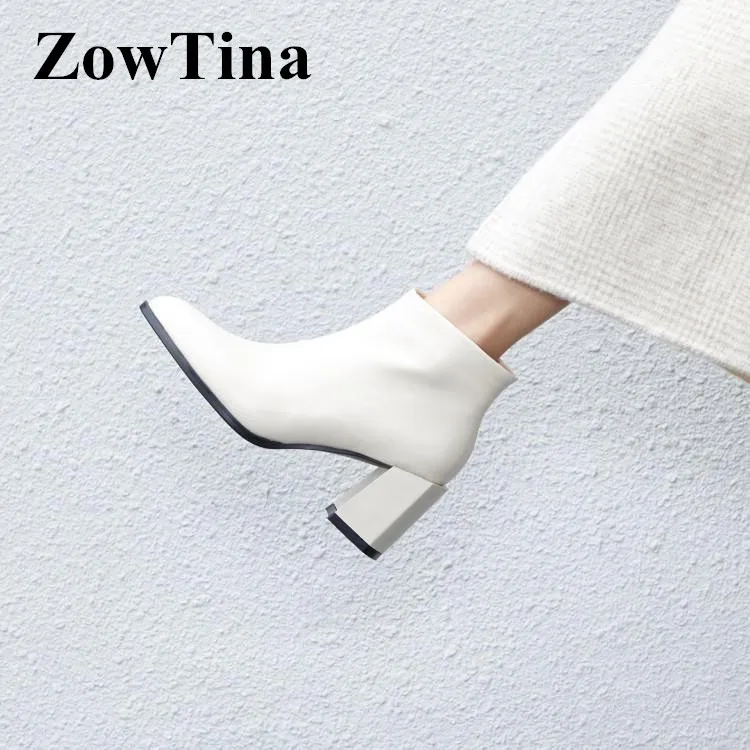 

2019 New Women White Chelsea Boots Side Zipper Short Botines Mujer 7cm Chunky High Heels Botas Feminino Ladies Shoes Black Boots