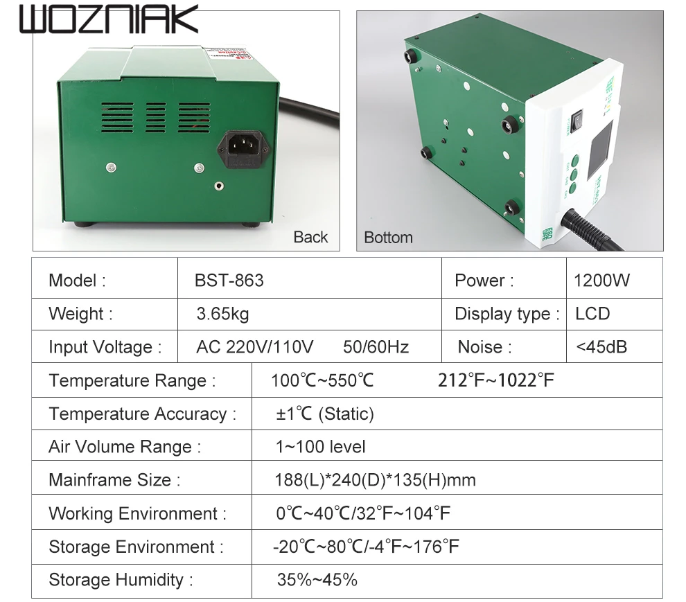 BST-863 Тепловая пушка Lead-FreeSmart управление сенсорным экраном постоянная температура ЖК-дисплей паяльная станция 1200 Вт большая мощность