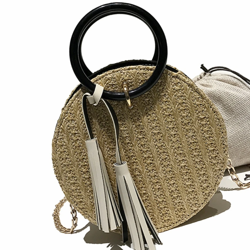 women straw round messenger bag for women shoulder bags female chain