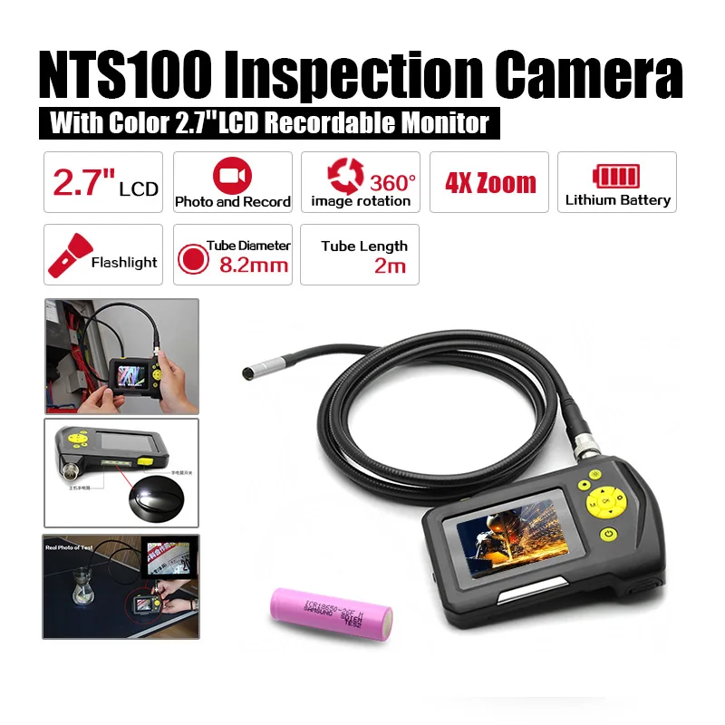 

Dia 8.2mm 2.7" LCD NTS100 Endoscope Borescope 2M Snake Inspection Tube Camera DVR+Free 18650 Lithium Battery