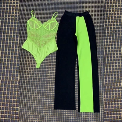 Модный летний сексуальный комплект из двух предметов, боди и штаны, черный с зеленым Лоскутная повязка, комбинезон для знаменитостей, Клубная одежда - Цвет: bodysuit and pants