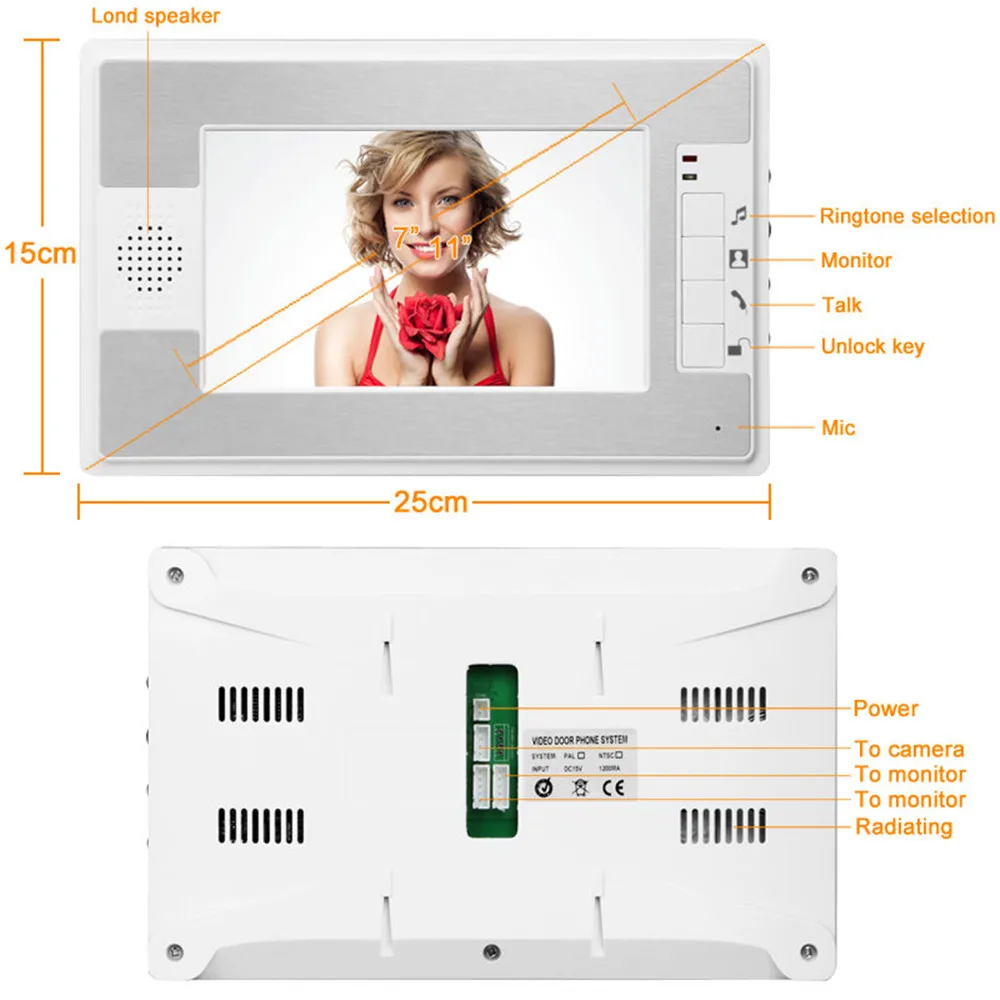 7 дюймов Handsfree Интерком 700TVL видео-телефон двери